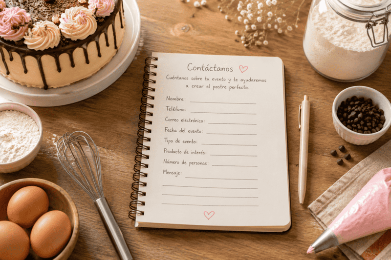 mesa con elementos de repostería y un formulario listo para llenar